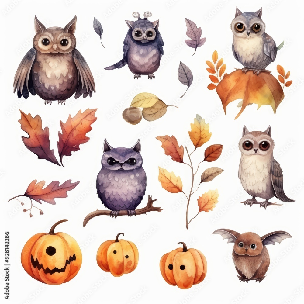 Watercolor illustration of cute owls with autumn leaves and pumpkins. Watercolor illustration of cute owls with autumn leaves and pumpkins.
