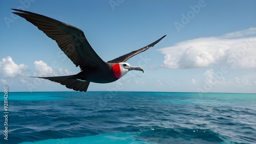 Glamorous frigatebird soaring over a turquoise ocean photo