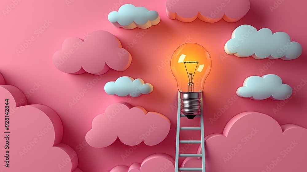 A bright light bulb shining above a ladder amidst colorful clouds, symbolizing creativity and inspiration in a whimsical setting. A bright light bulb shining above a ladder amidst colorful clouds, symbolizing creativity and inspiration in a whimsical setting.