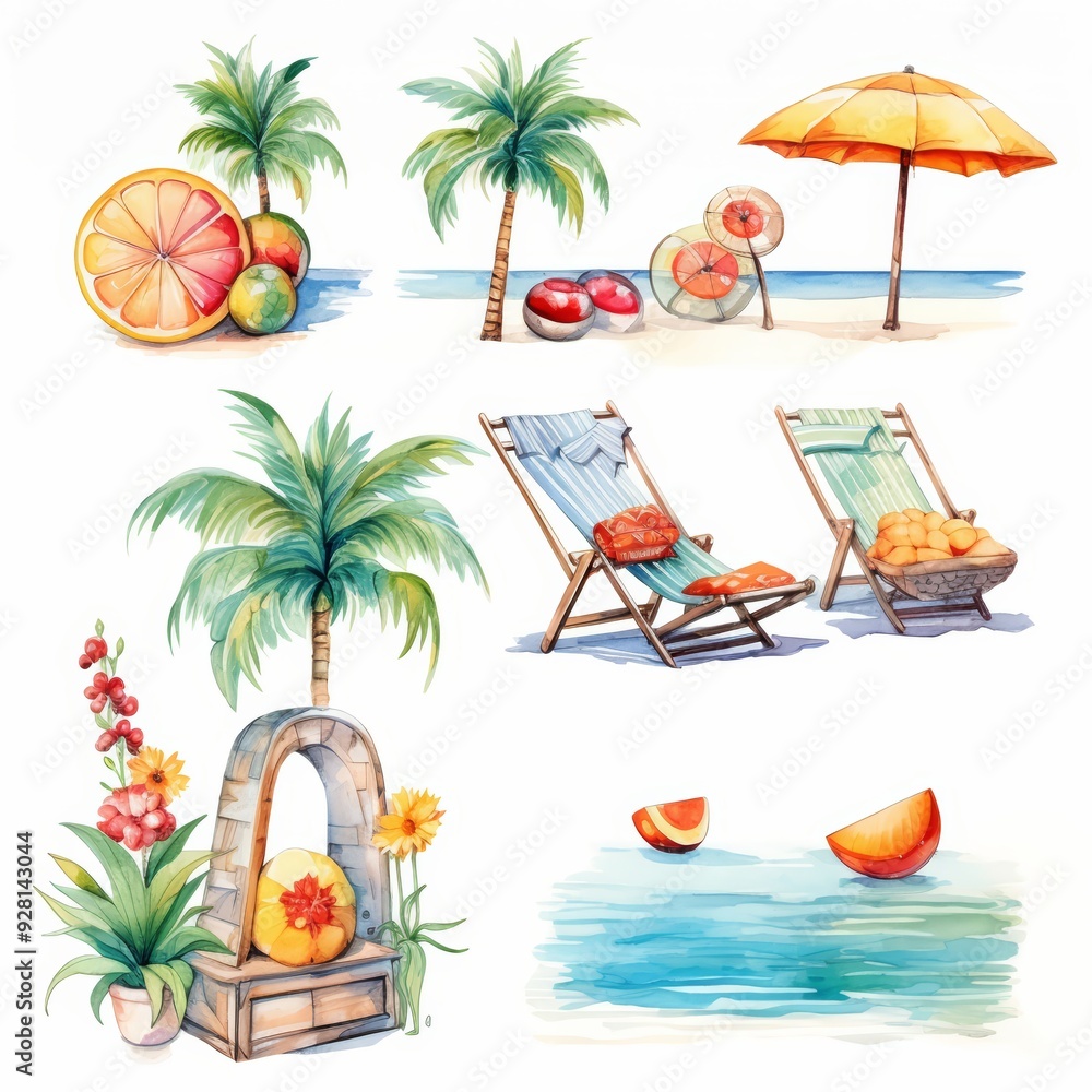 Watercolor illustration of a beach scene with palm trees, deck chairs, an umbrella, and fruit. Watercolor illustration of a beach scene with palm trees, deck chairs, an umbrella, and fruit.