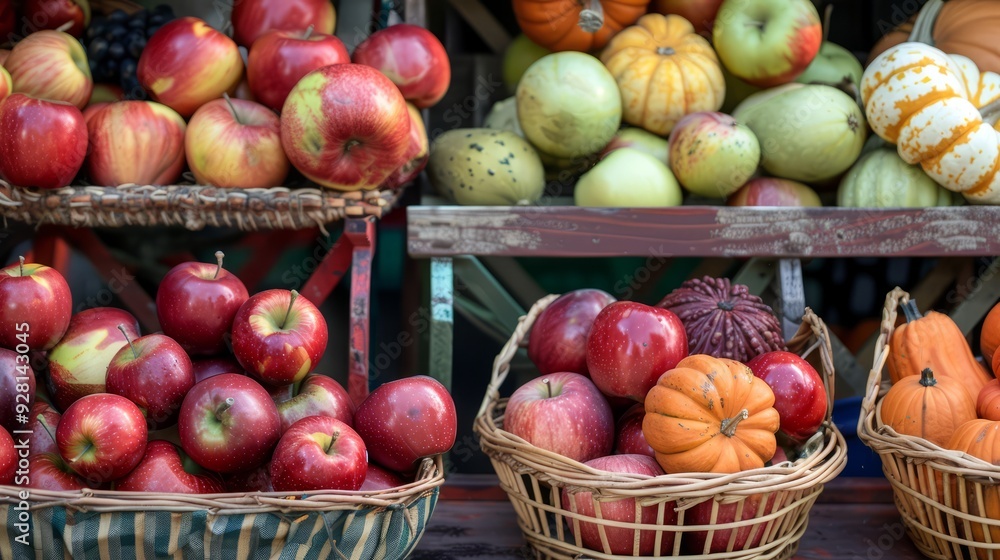 Autumn Harvest Apples and Pumpkins in Baskets. Autumn Harvest Apples and Pumpkins in Baskets.