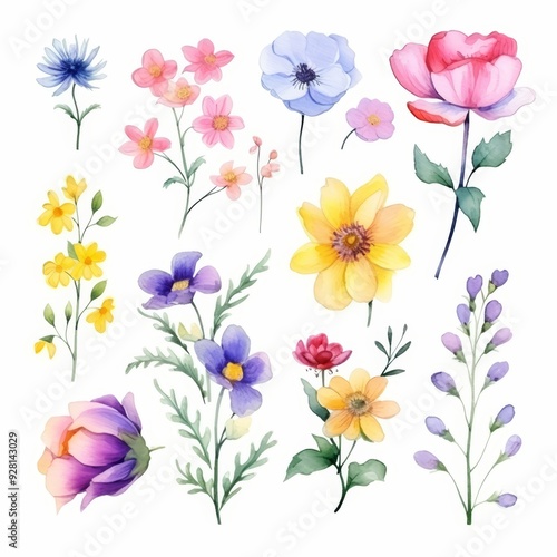 Wallpaper Mural Watercolor illustration of a collection of beautiful flowers with delicate stems and leaves. Torontodigital.ca