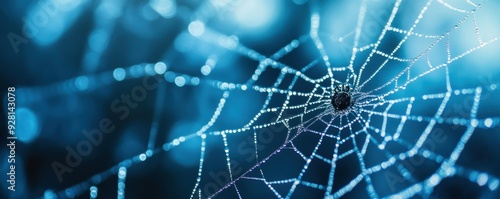 Close-up of a spider web glistening with dew drops, set against a blurred blue background, creating a mystical and serene atmosphere.