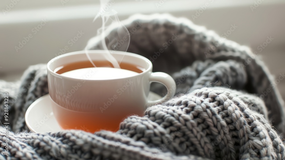 Warm Cup of Tea with Steaming Hot Water in a Cozy Knitted Blanket. Warm Cup of Tea with Steaming Hot Water in a Cozy Knitted Blanket.