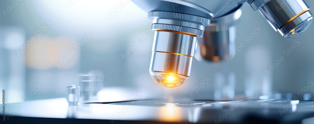 Close-up view of a microscope lens focusing on a glass slide in a laboratory setting, highlighting scientific exploration. Close-up view of a microscope lens focusing on a glass slide in a laboratory setting, highlighting scientific exploration.