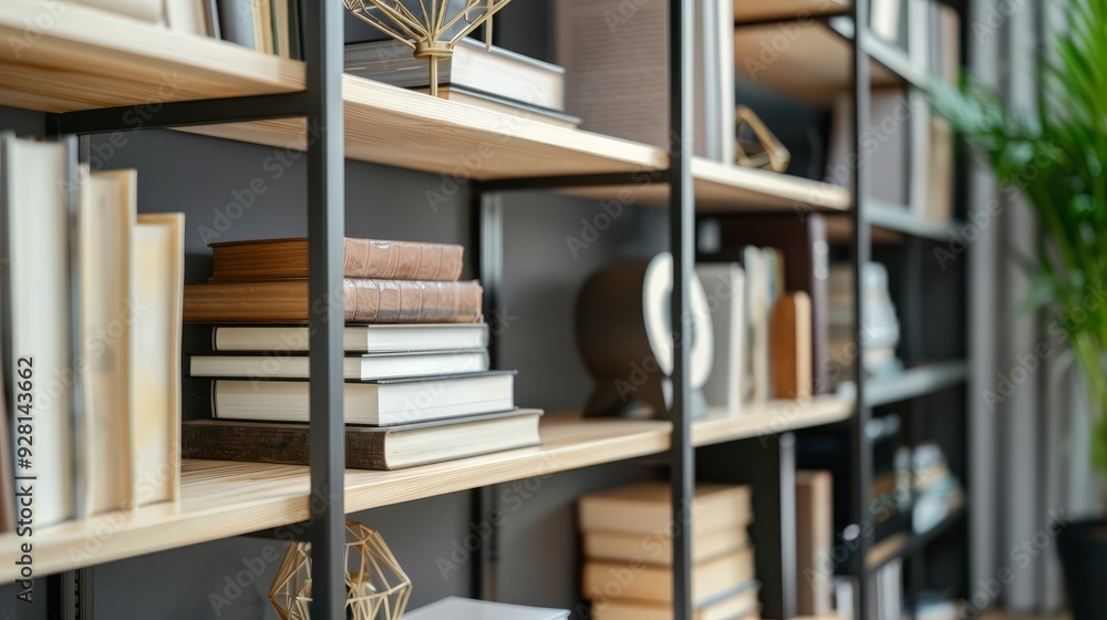 Fototapeta premium Modern Bookshelf with Stacked Books and Decorations.