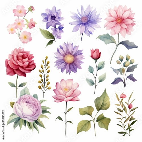 Watercolor floral set of pink, purple, and red flowers with leaves.