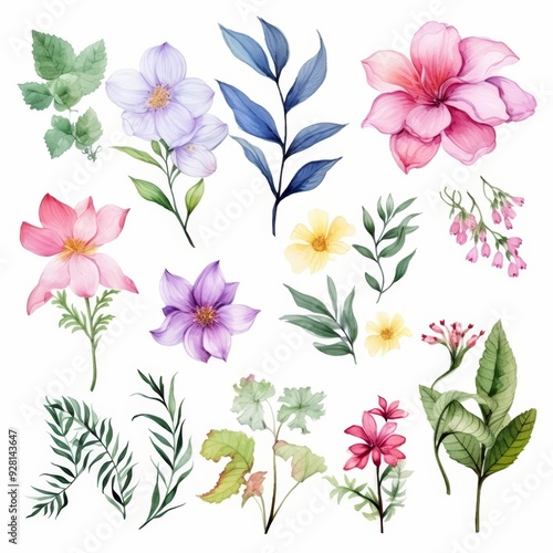 Watercolor floral illustration with pink, purple, and yellow flowers and green leaves.