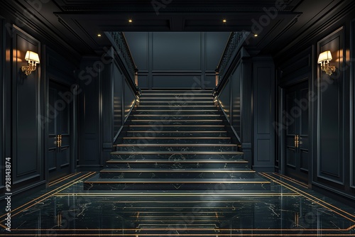 Elegant black marble staircase with gold trim and wall sconces in a luxury home.