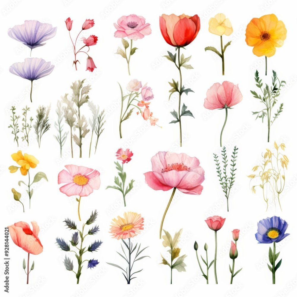 Fototapeta premium Watercolor Collection of Colorful Flowers and Floral Elements.