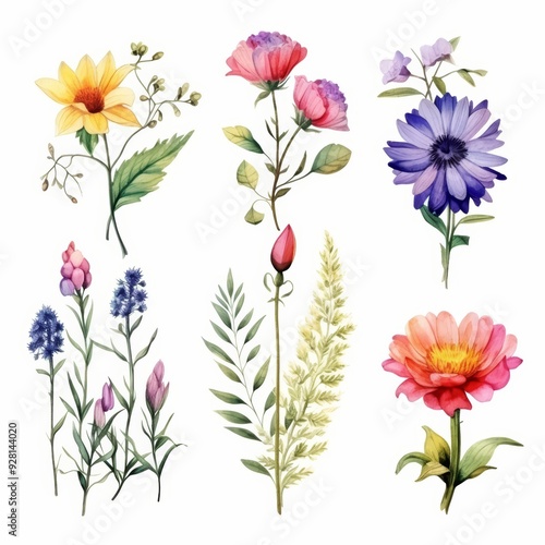 Wallpaper Mural Watercolor Botanical Illustration of Six Different Flowers with Green Stems and Leaves Isolated on White Background. Torontodigital.ca