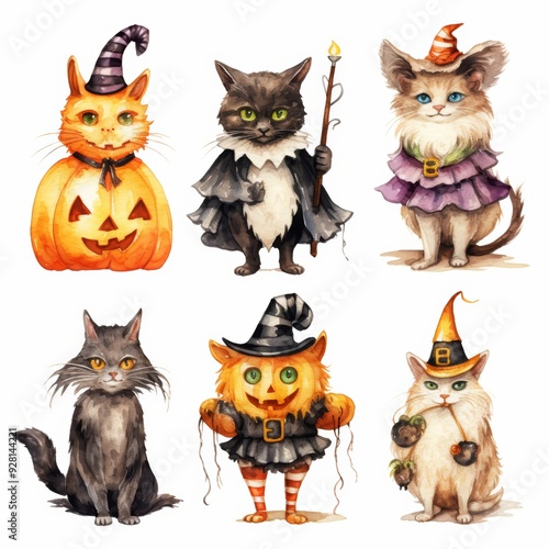 Six Watercolor Cats in Halloween Costumes, Including a Witch, Pumpkin, and a Torched Cat.