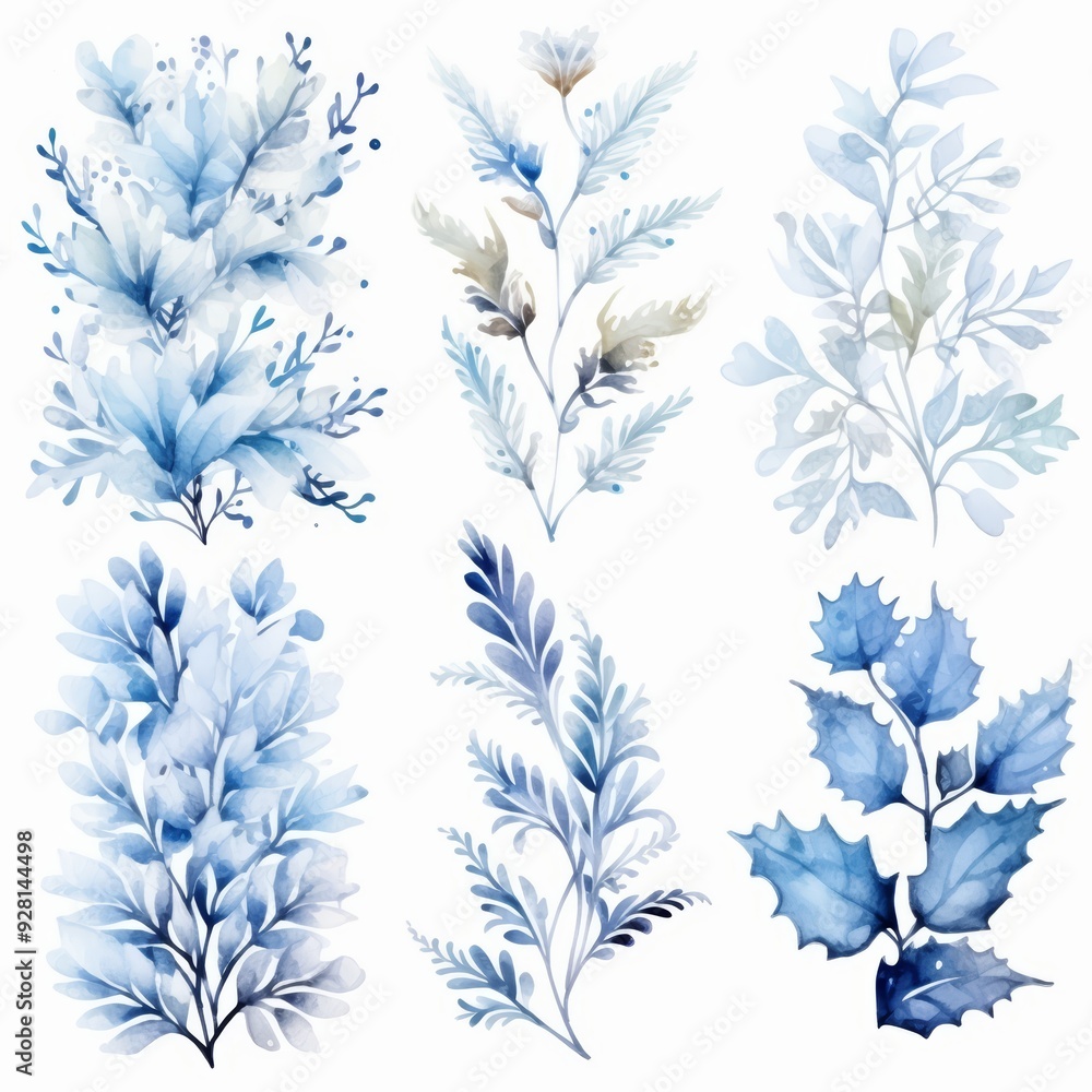 Set of six watercolor illustrations of delicate blue floral elements on a white background. Set of six watercolor illustrations of delicate blue floral elements on a white background.