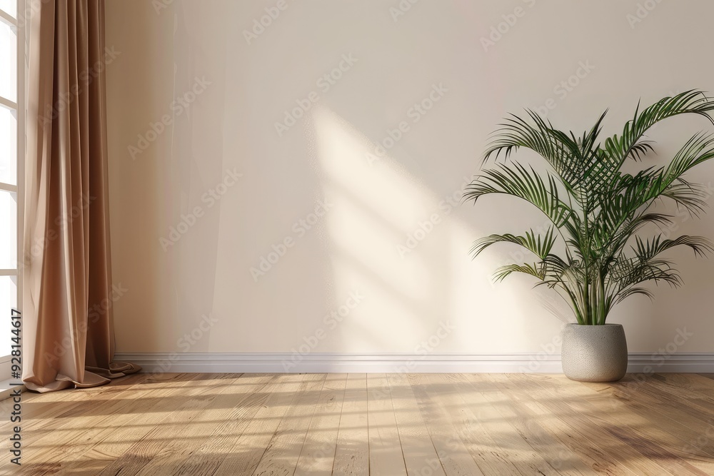 Indoor Plant Beside Sunlit White Wall with Curtains, Vibrant Plant and Wooden Flooring with Natural Light