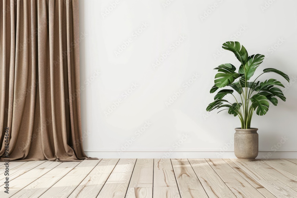 Indoor Plant Beside Sunlit White Wall with Curtains, Vibrant Plant and Wooden Flooring with Natural Light