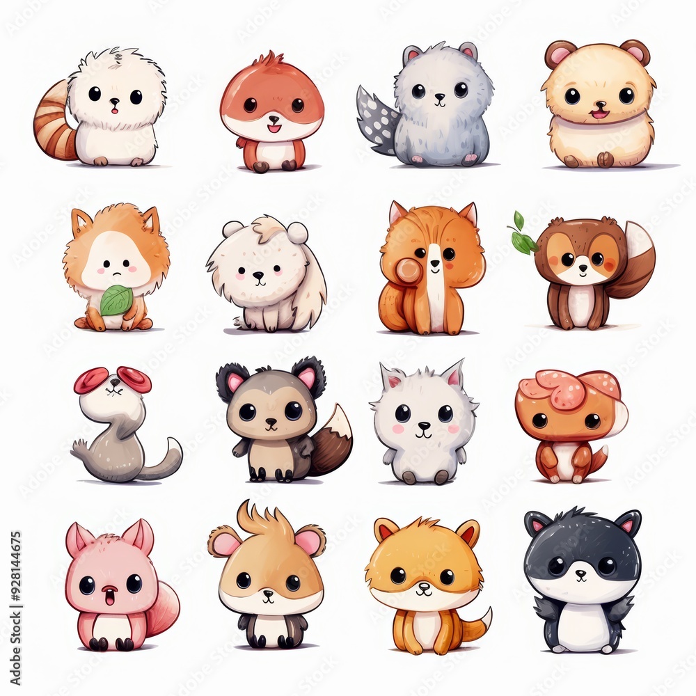 Set of cute cartoon animals with different colors and expressions.