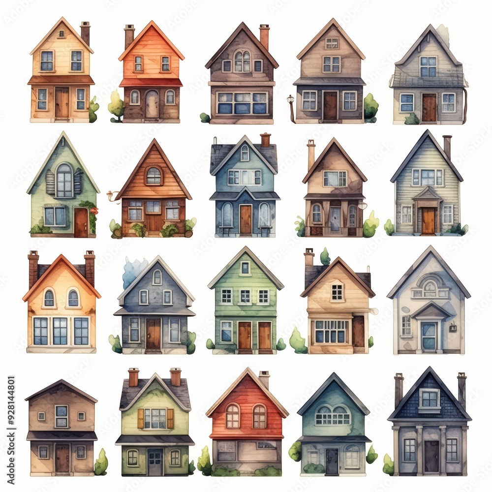 Set of 20 Watercolor Hand Drawn Houses in Different Colors, Shapes and Sizes. Set of 20 Watercolor Hand Drawn Houses in Different Colors, Shapes and Sizes.