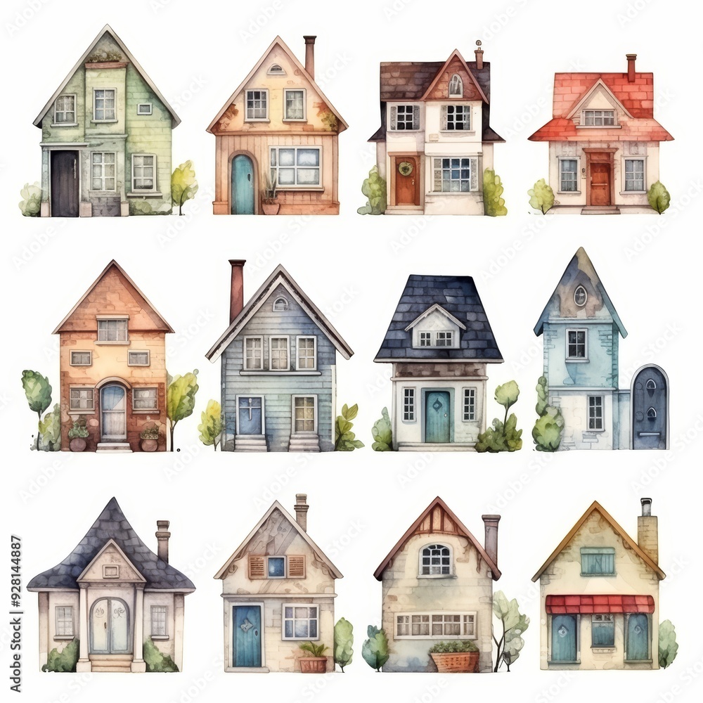 Set of 12 watercolor painted illustrations of cute houses with different styles, colors and details, isolated on white background. Set of 12 watercolor painted illustrations of cute houses with different styles, colors and details, isolated on white background.