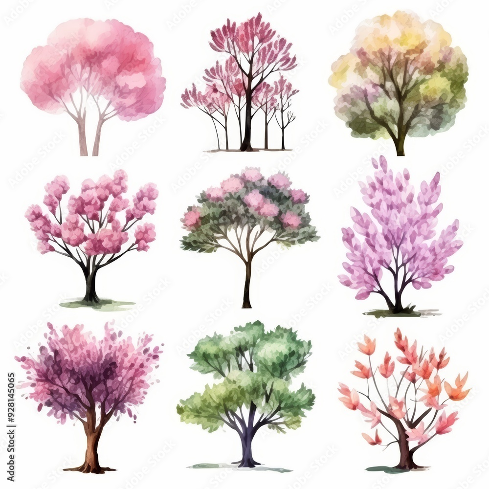 Obraz premium Nine watercolor illustrations of trees with pink, green, and yellow leaves.