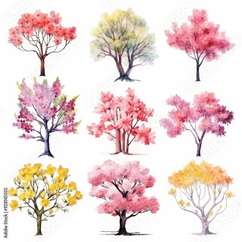 Nine watercolor painted trees with pink, yellow and green leaves isolated on white background. photo