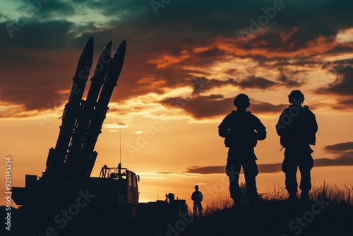 Soldiers Silhouetted Against Vibrant Sunset with Missile Defense System, Missiles Positioned Prominently in Foreground photo