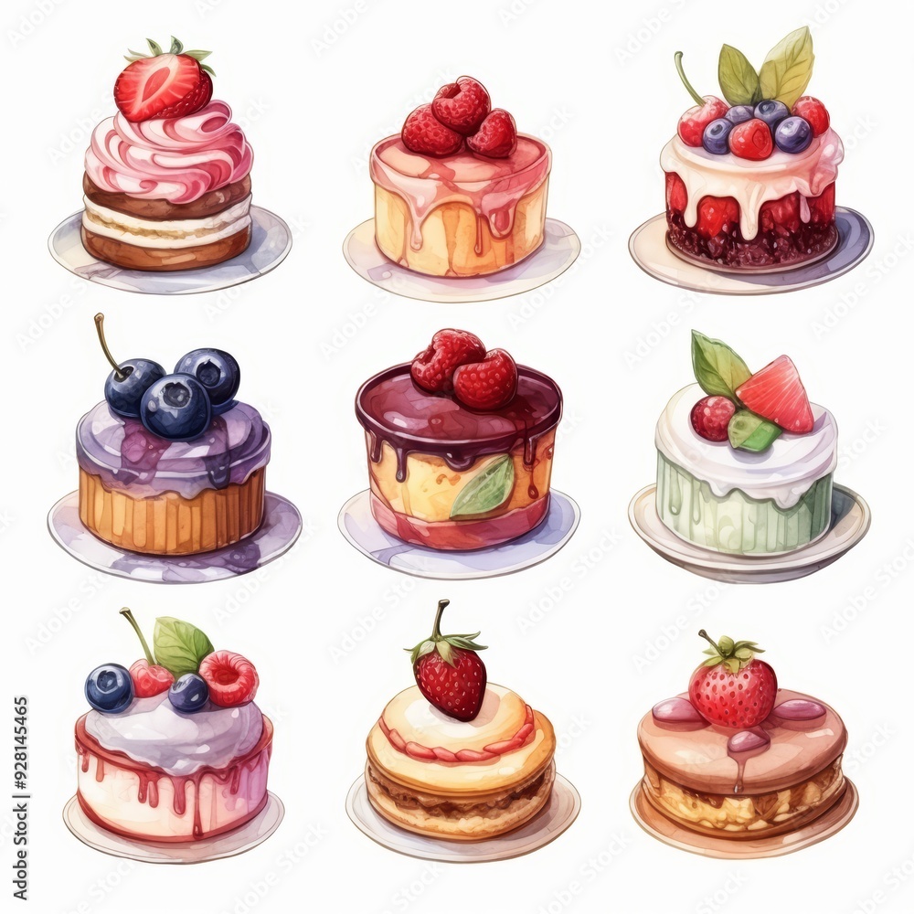 Nine different cakes decorated with fresh fruit. Nine different cakes decorated with fresh fruit.