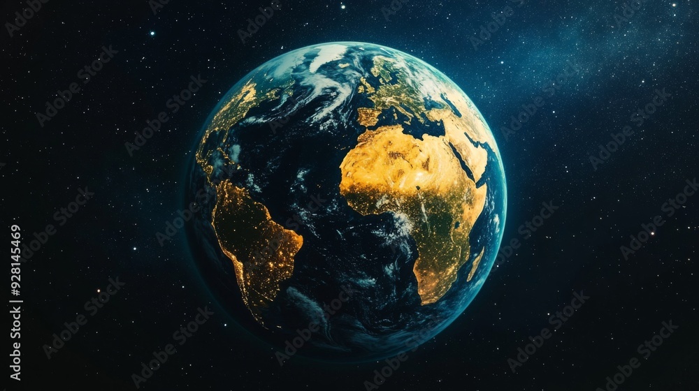 Fototapeta premium Earth seen from space, showing Africa and Europe with city lights.