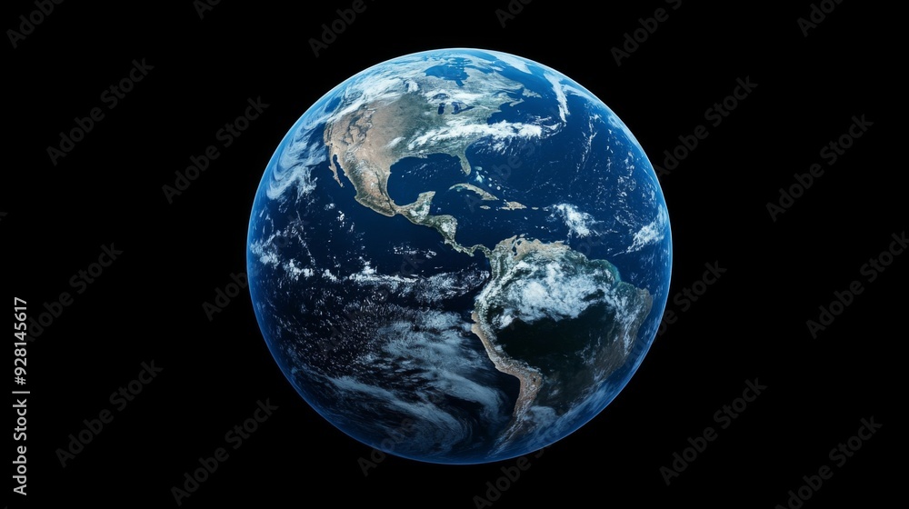 A detailed view of Earth, showing the North and South American continents, with clouds and ocean. A detailed view of Earth, showing the North and South American continents, with clouds and ocean.