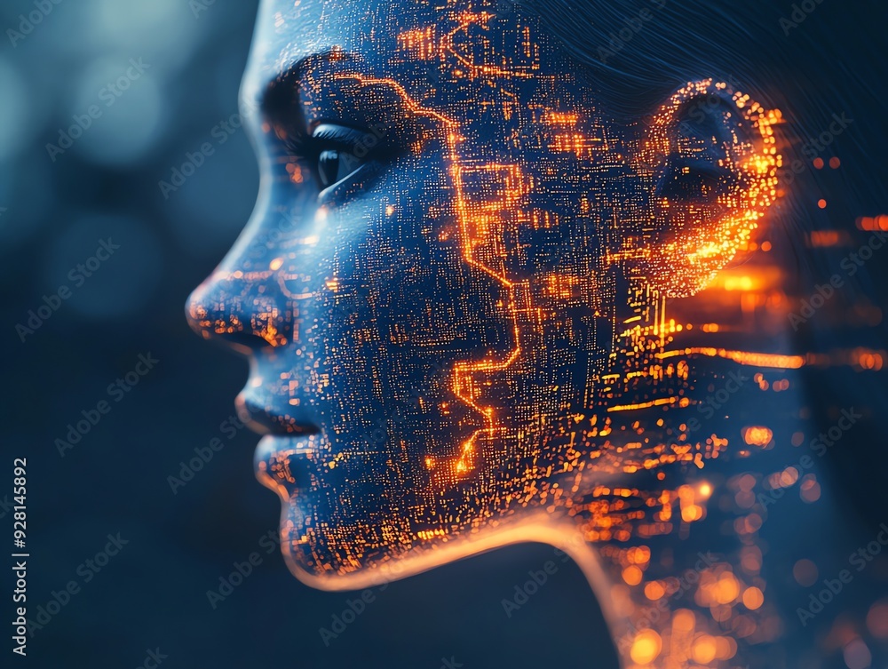 Abstract Digital Face with Circuitry.
