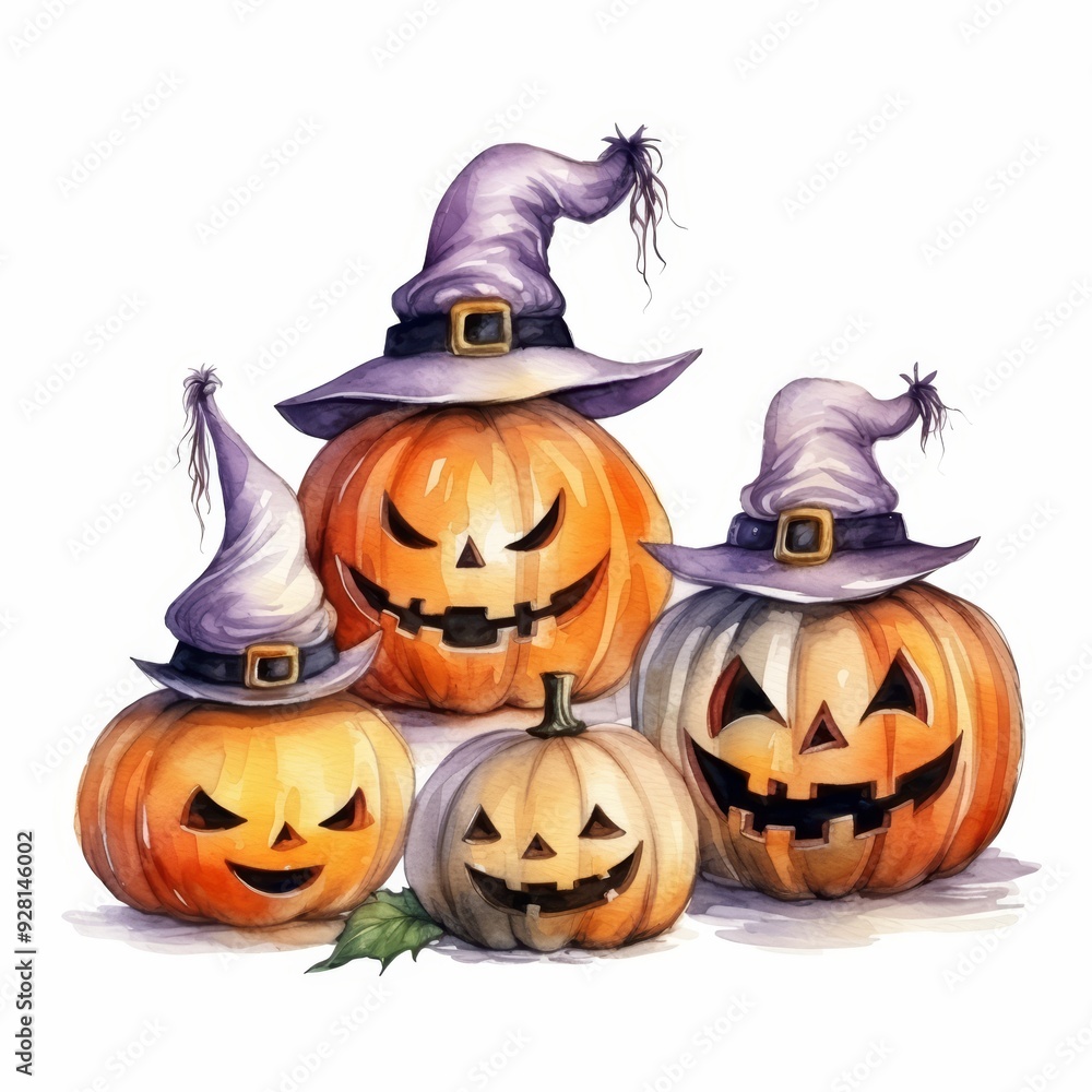 Four jack-o-lantern pumpkins with witch hats isolated on white background. Four jack-o-lantern pumpkins with witch hats isolated on white background.