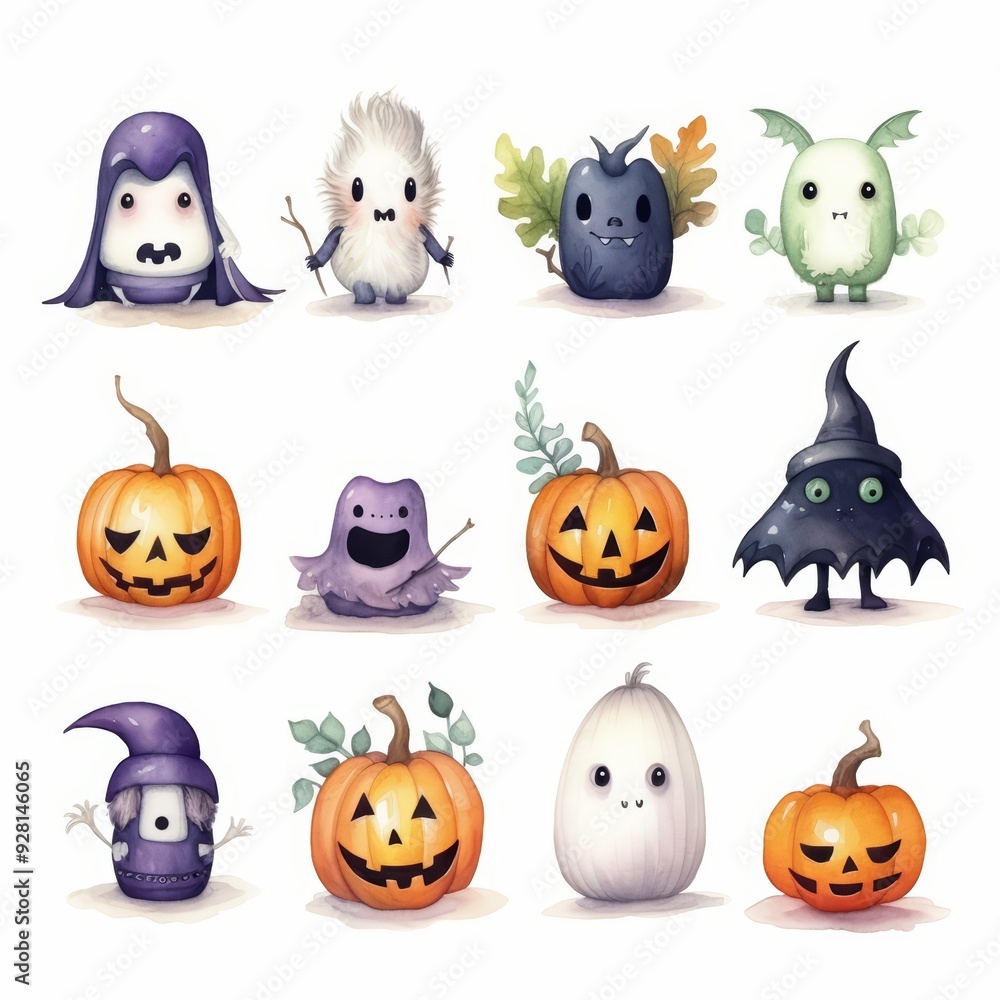 Fototapeta premium Cute watercolor Halloween character set including pumpkins, ghosts, monsters and bats.