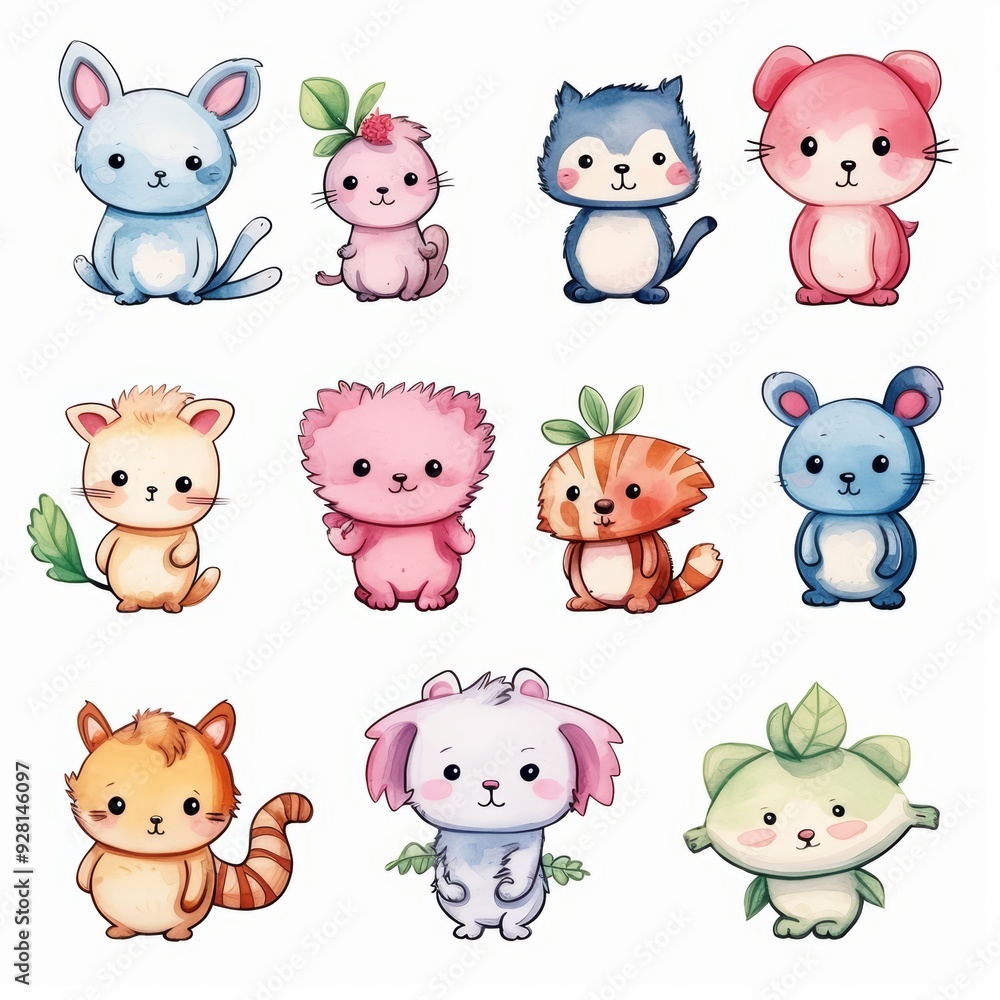 Fototapeta premium Cute watercolor animal characters with adorable expressions, perfect for children's books, illustrations, or designs.