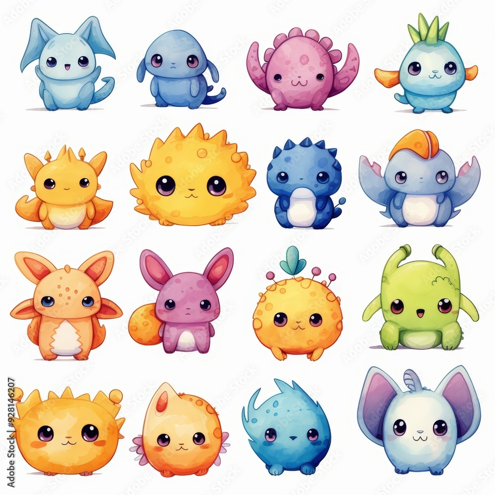Cute cartoon monsters in various colors and poses. Cute cartoon monsters in various colors and poses.