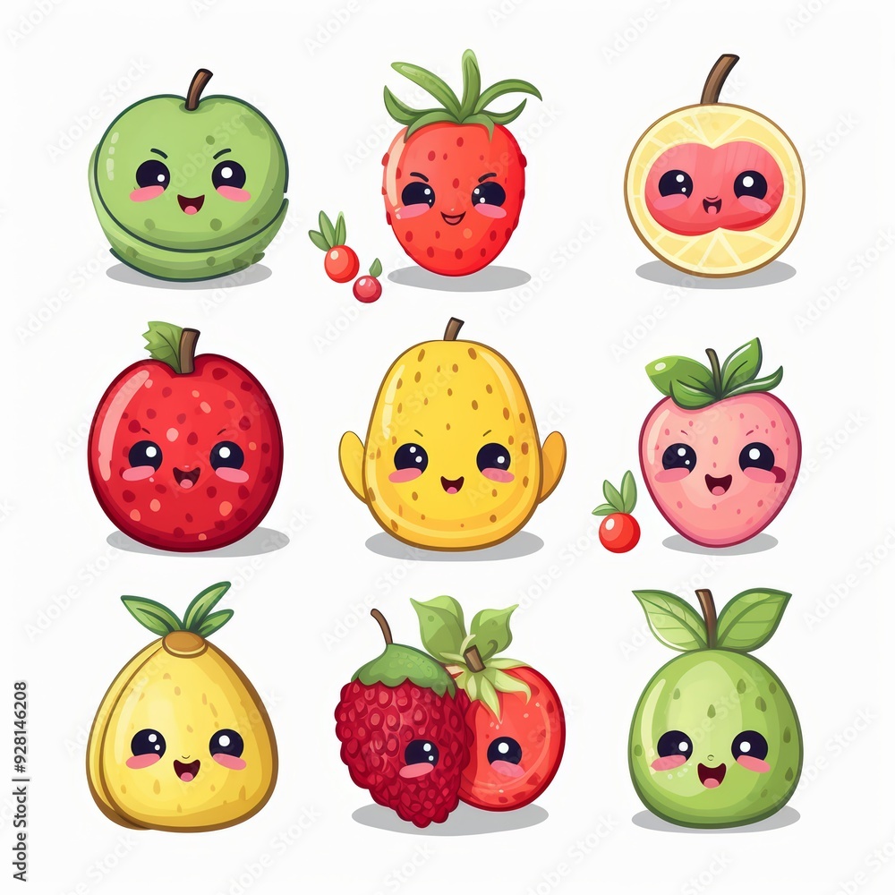 Cute cartoon fruits with kawaii faces apple, strawberry, and lemon. Cute cartoon fruits with kawaii faces apple, strawberry, and lemon.