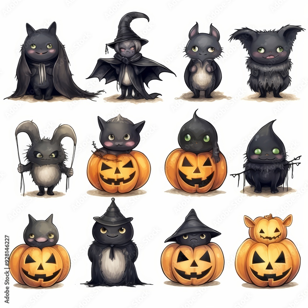 Cute cartoon Halloween characters with jack-o-lantern pumpkins. Cute cartoon Halloween characters with jack-o-lantern pumpkins.