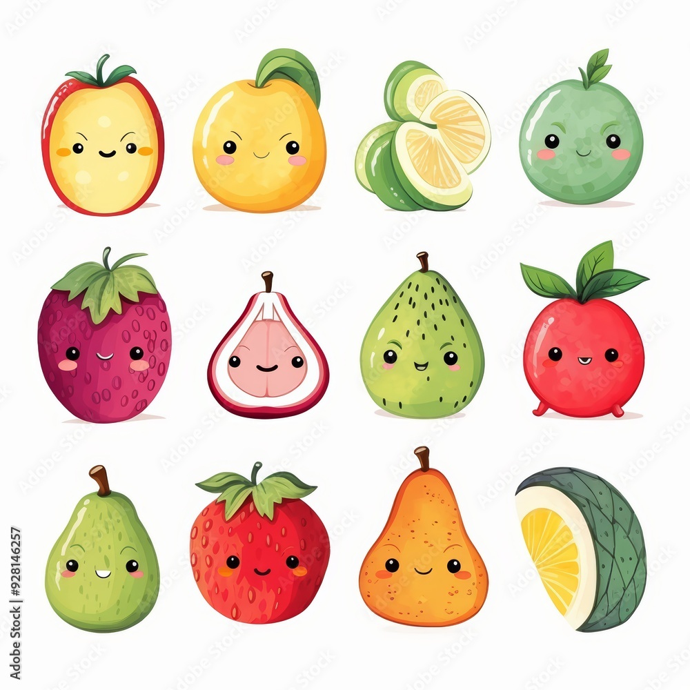 Cute cartoon fruit characters with smiling faces. Cute cartoon fruit characters with smiling faces.