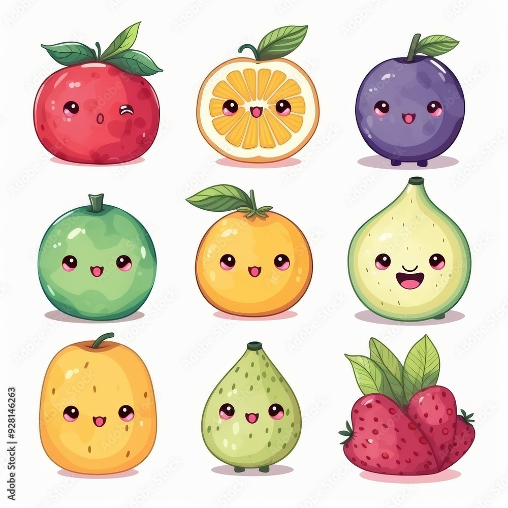 Cute cartoon fruit characters with adorable expressions and vibrant colors. Cute cartoon fruit characters with adorable expressions and vibrant colors.