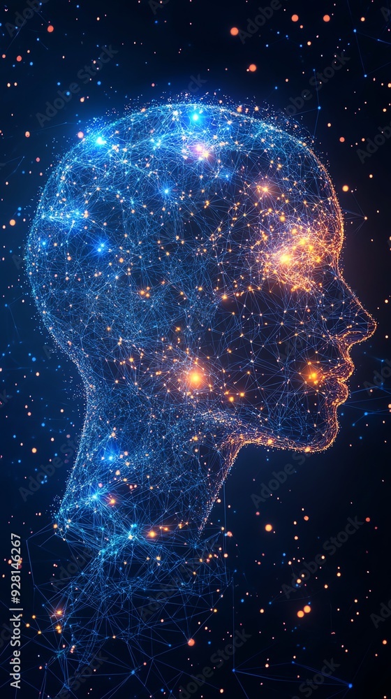 Abstract digital human face with glowing particles. Abstract digital human face with glowing particles.
