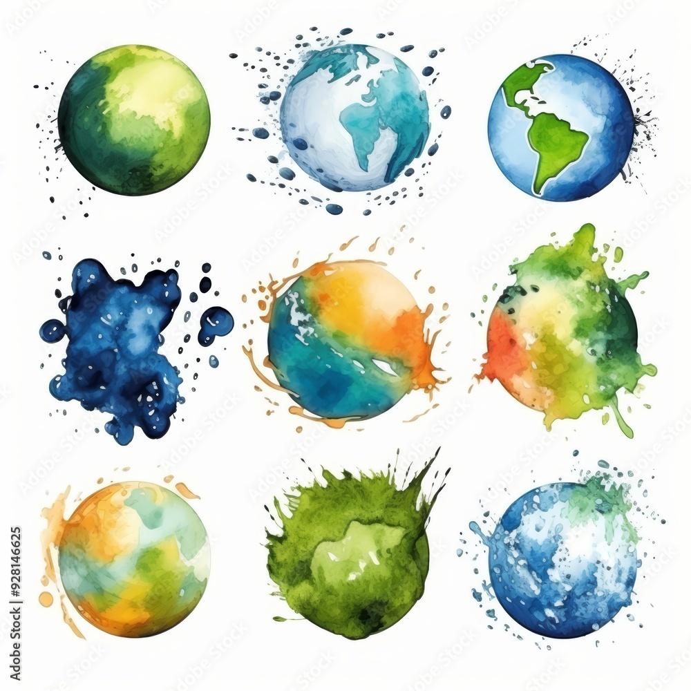 Collection of nine watercolor planets with splash effect on white background. Collection of nine watercolor planets with splash effect on white background.