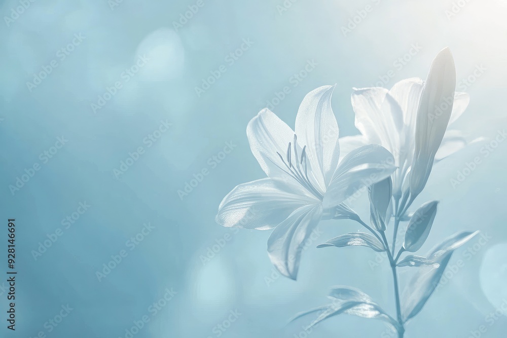 White Lily Blooms Against Clear Blue Sky, Flower Petals with Vibrant Color Contrast Gradient Surface background White Lily Blooms Against Clear Blue Sky, Flower Petals with Vibrant Color Contrast Gradient Surface background