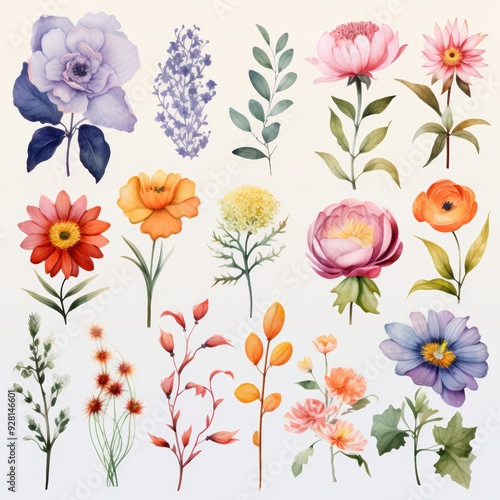 Collection of watercolor flowers and leaves.