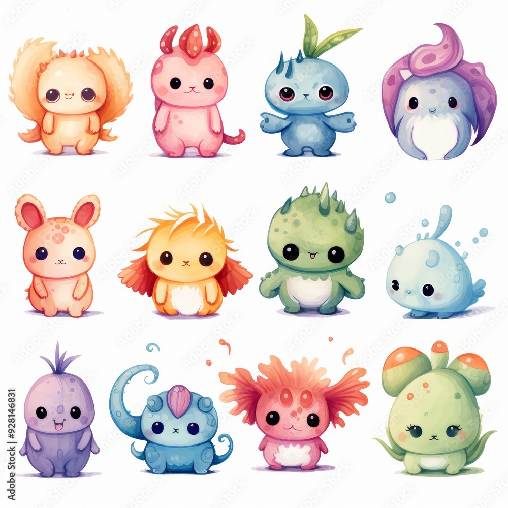 Collection of 12 adorable cartoon creatures with bright, vibrant colors and friendly expressions. Collection of 12 adorable cartoon creatures with bright, vibrant colors and friendly expressions.