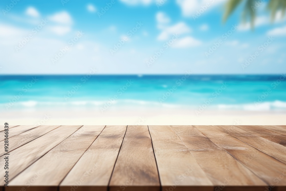 Wooden Tabletop with Blur Sandy Beach and Ocean View, Product Display, Summer Vibe with Palm Trees Under Clear Blue Sky Wooden Tabletop with Blur Sandy Beach and Ocean View, Product Display, Summer Vibe with Palm Trees Under Clear Blue Sky