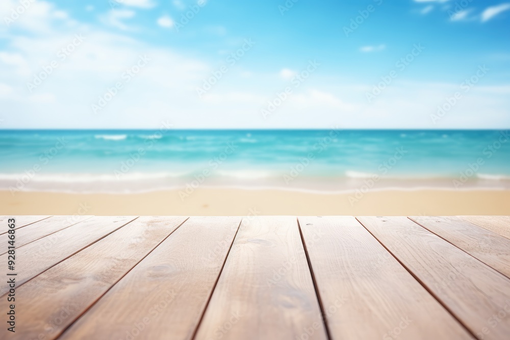 Wooden Tabletop with Blur Sandy Beach and Ocean View, Product Display, Summer Vibe with Palm Trees Under Clear Blue Sky Wooden Tabletop with Blur Sandy Beach and Ocean View, Product Display, Summer Vibe with Palm Trees Under Clear Blue Sky