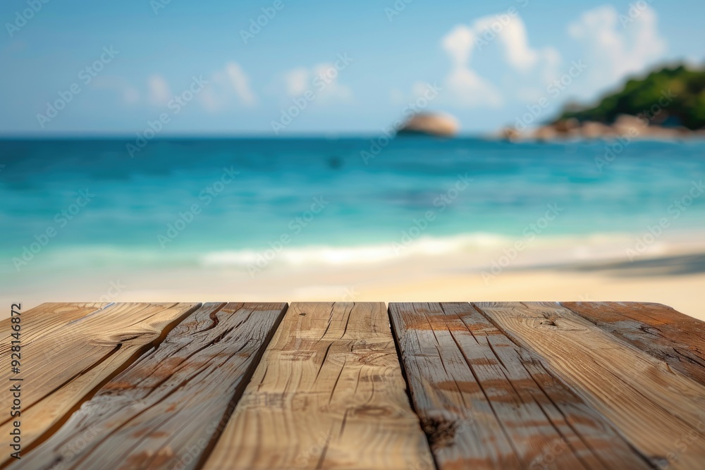 Fototapeta premium Wooden Tabletop with Blur Sandy Beach and Ocean View, Product Display, Summer Vibe with Palm Trees Under Clear Blue Sky