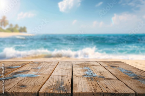 Wooden Tabletop with Blur Sandy Beach and Ocean View, Product Display, Summer Vibe with Palm Trees Under Clear Blue Sky