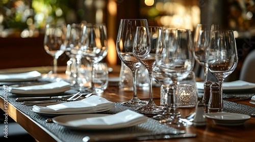 Empty wine glasses and plates are set on a wooden table in a dimly lit restaurant.