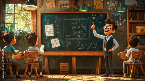 Cartoon Teacher Explaining Math On Chalkboard To Students.