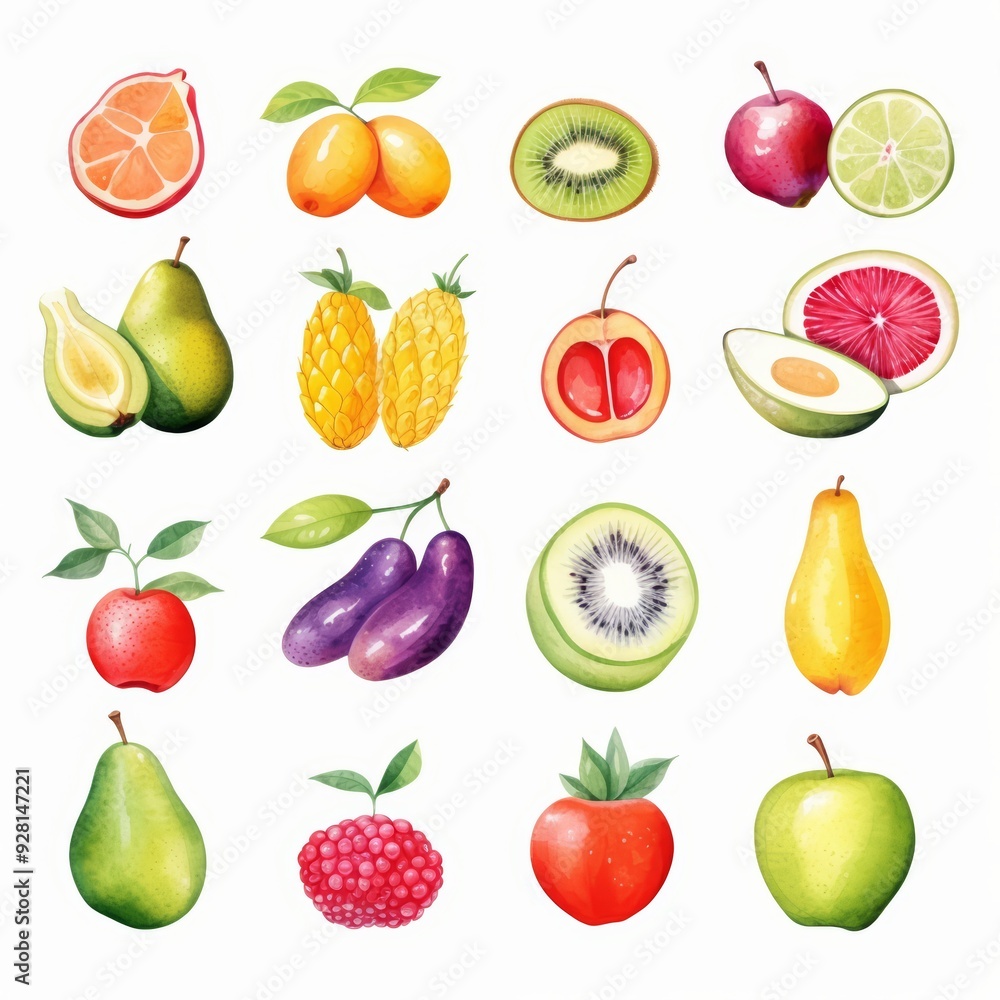 A collection of watercolor fruits, with pear, lime, kiwi, plum, apple, and more. A collection of watercolor fruits, with pear, lime, kiwi, plum, apple, and more.