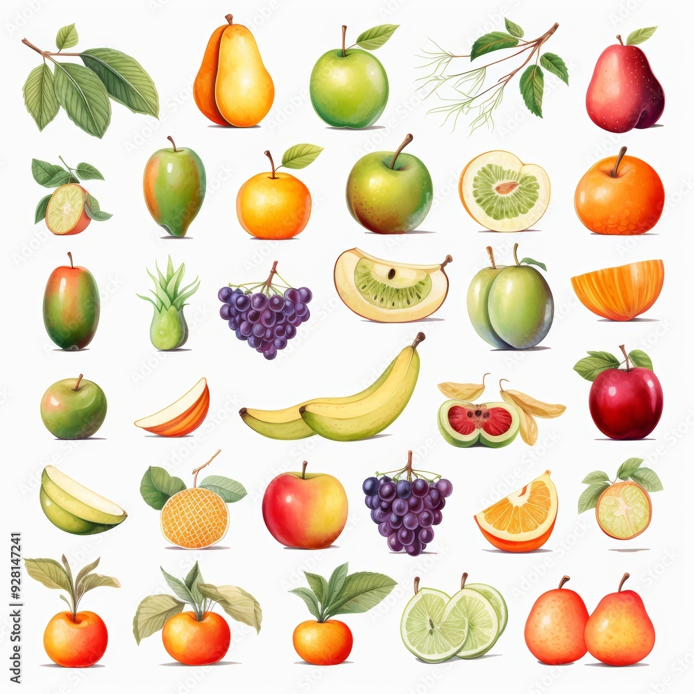 A collection of various fruits, whole and sliced, with leaves, on a white background. A collection of various fruits, whole and sliced, with leaves, on a white background.